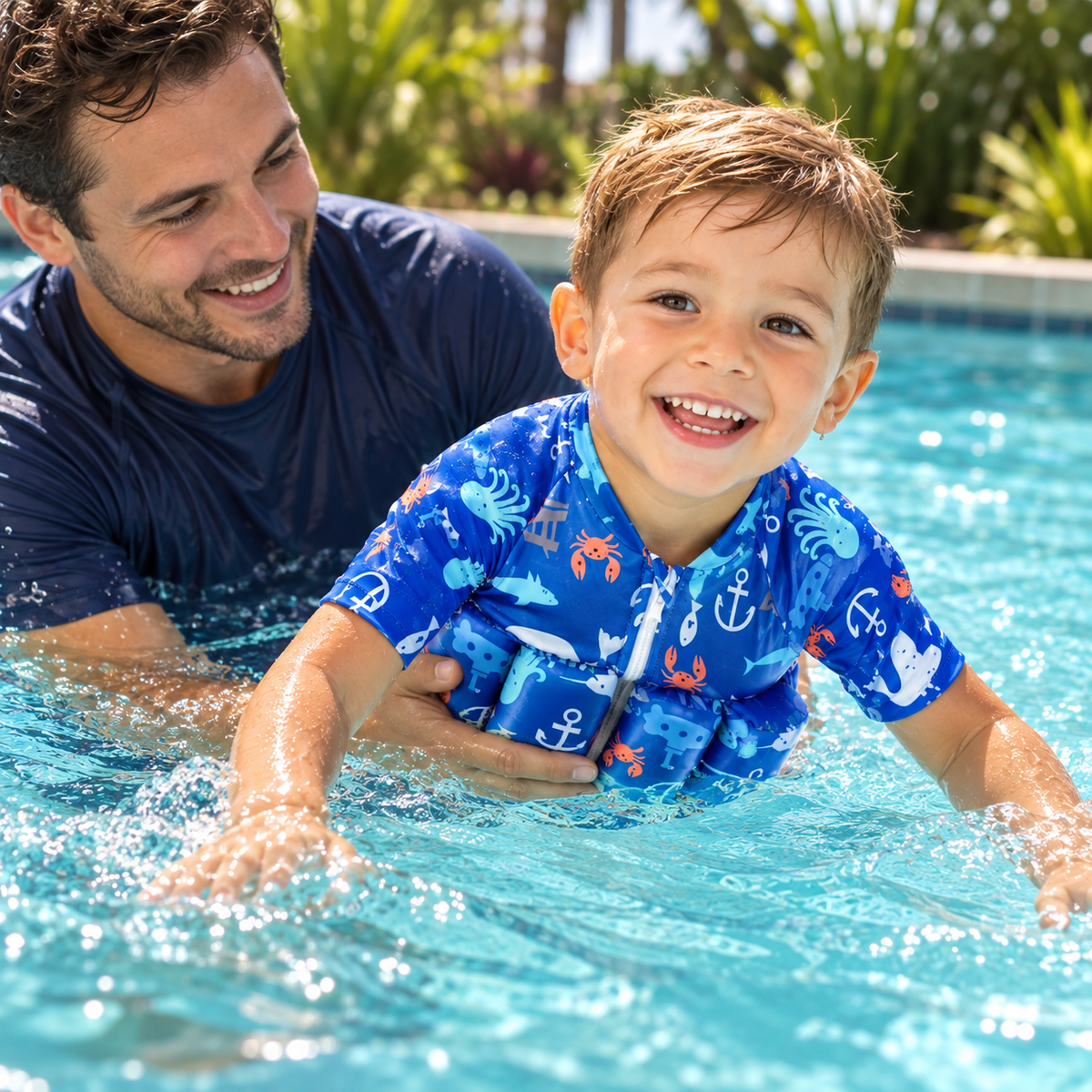 Child wearing a float suit in a pool